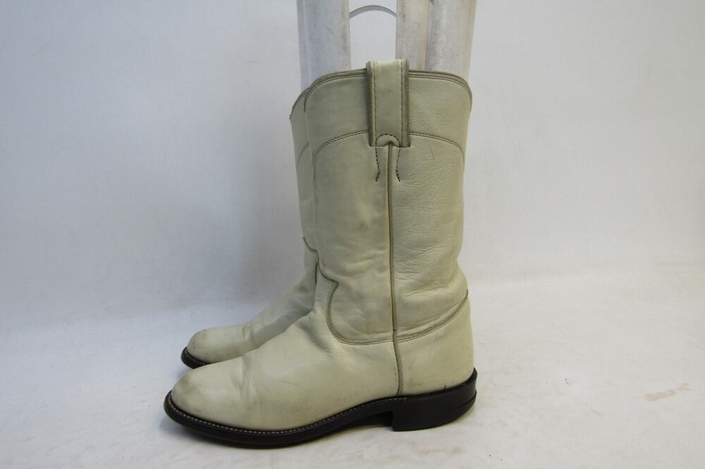 Justin Womens Size 5 B Ivory Leather Roper Cowboy Western Boots